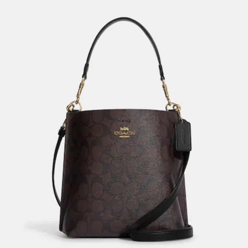 Coach Mollie Bucket Bag 22 Signature Canvas NWOT Big Logo Brown Black Gold